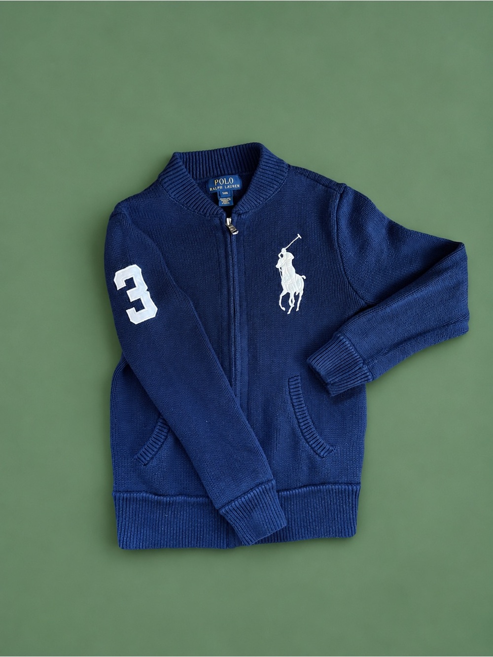 Polo by Ralph Lauren Navy Zip-Up Sweater with White Polo Player & Sleeve 3
